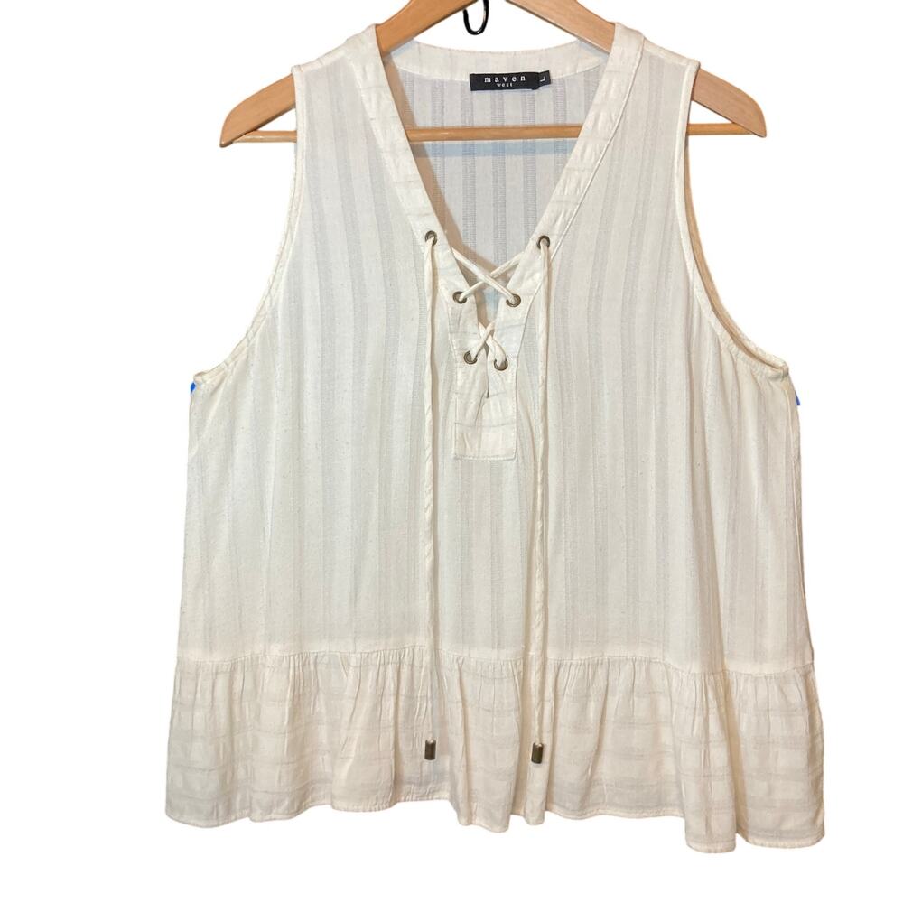 Maven West Gritty Boho Granola Girl Ivory White Lace Up Lightweight Tank Top